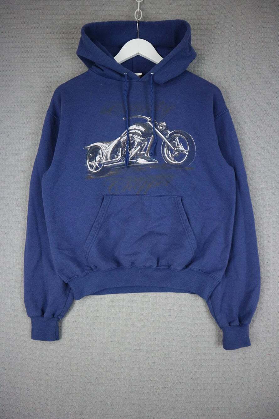 Vintage Chopper Motorcycle Blue Pullover Hooded Sweatshirt Size S Graphic Print